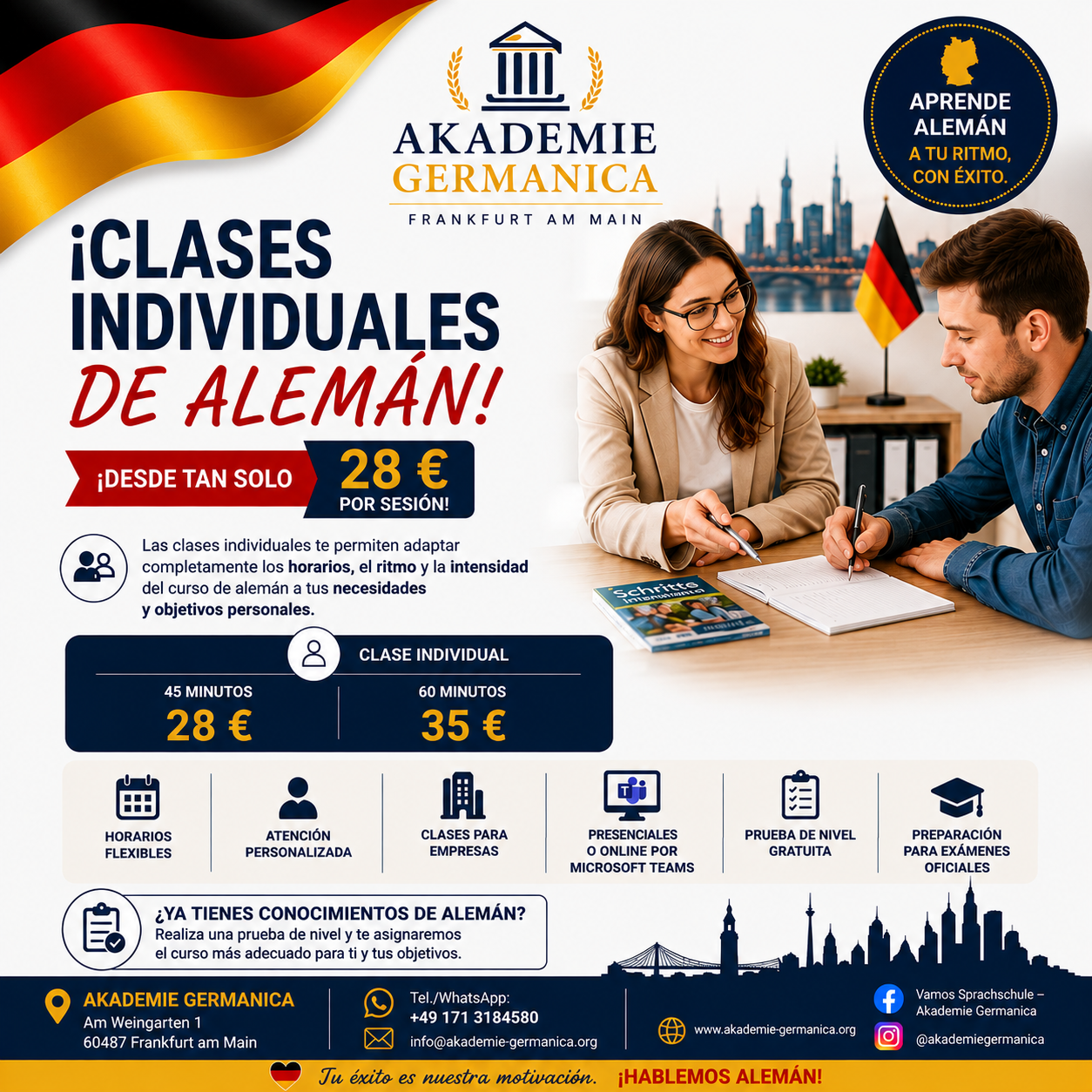 Einzelunterricht Deutsch: 45 Minuten 28 €, 60 Minuten 35 €; Grafik mit spanischen Angaben